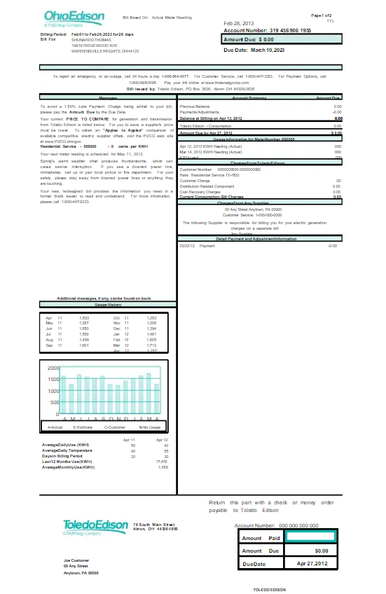 USA OHIO EDISON utility bill Word and PDF template